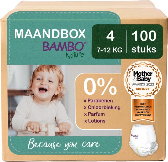 BAMBO Nature Luierbroekjes - Maat 4 (7-12 kg) - 100 stuks Maandbox - 0% onnodige toevoegingen - Ideaal voor de gevoelige huid - Nordic Swan Ecolabel