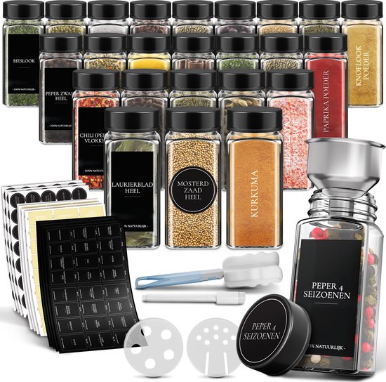 Foto: Soothe 24 glazen kruidenpotjes vierkant met zwarte deksel 2 soorten strooideksels kruidenstrooier spice jars complete set incl kruiden stickers krijtstift en accessoires 120ml