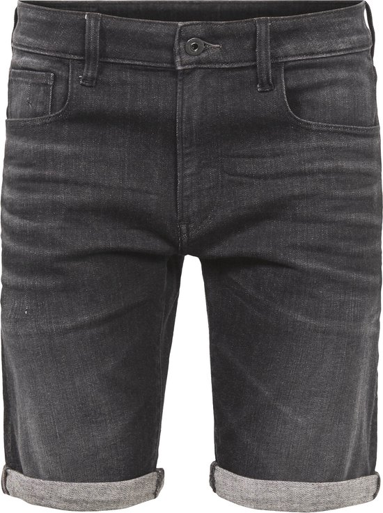 Vooraanzicht van een donkergrijze denim short. De broekspijpen zijn omgeslagen.