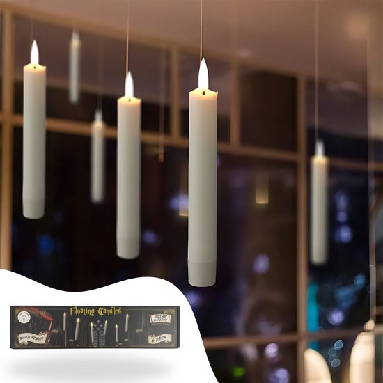 Zes zwevende LED-kaarsen, wit, met vlamvormige lichtjes, hangend aan dunne draadjes.