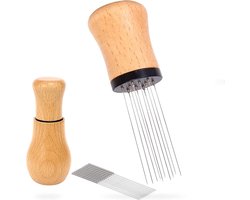 Espresso Distributie Gereedschap 10 Naalden 03 mm - Koffieroerder - Natuur Houten Handvat - Stand (Beech Wood)