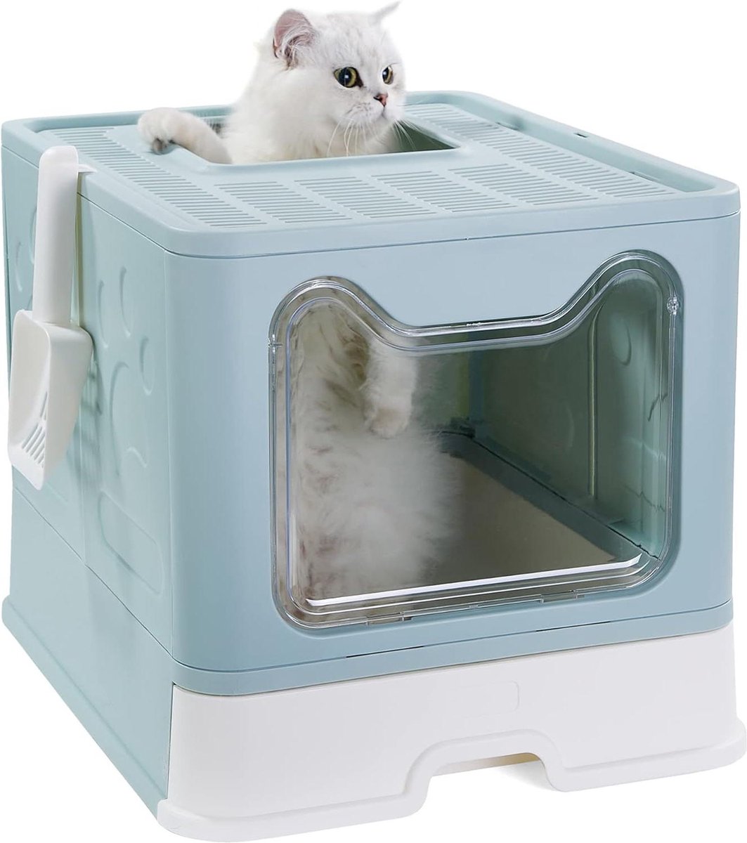 Opvouwbare kattenbak met vooringang en bovenuitgang – XXL-formaat – extra grote ruimte – toiletboxen met plateaus – deksel en kattenbakschep – lichtoranje – lentegroen