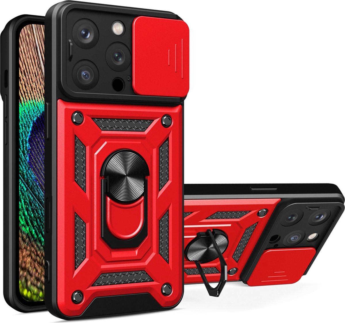 MobyDefend Hoesje - Geschikt voor iPhone 16 Pro - Pantsercase Met Draaibare Ring - Rood