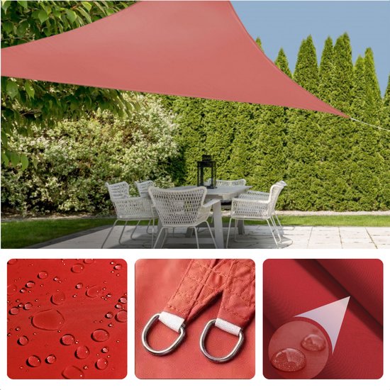 Cheqo® Shade Sail Driehoek - Terra Red - Polyester 100% hydrofuge - Complet avec corde - Emballé dans un sac de transport verrouillable - 360x360x360cm