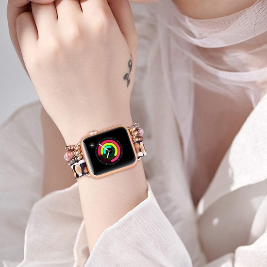 Bracelet de Perles de style Boho pour Apple Watch Band série 10 42 mm/41 mm/40 mm/38 mm – Léopard – Bande élastique extensible faite à la main Mode femme pour remplacement de bracelet iWatch