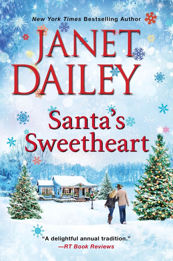 Boekomslag van Santa's Sweetheart door Janet Dailey met een winterlandschap, kerstbomen en een koppel in de sneeuw.