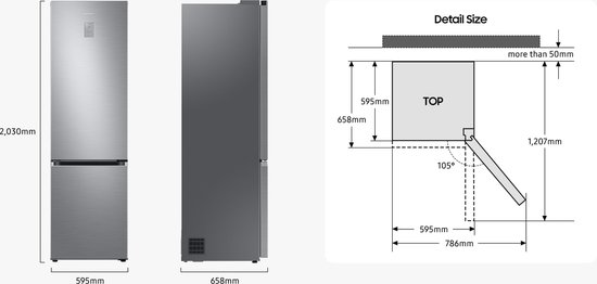 Afmetingen van een zwarte Samsung koelkast: 2030mm hoog, 595mm breed, 658mm diep. Gedetailleerd maatschets.