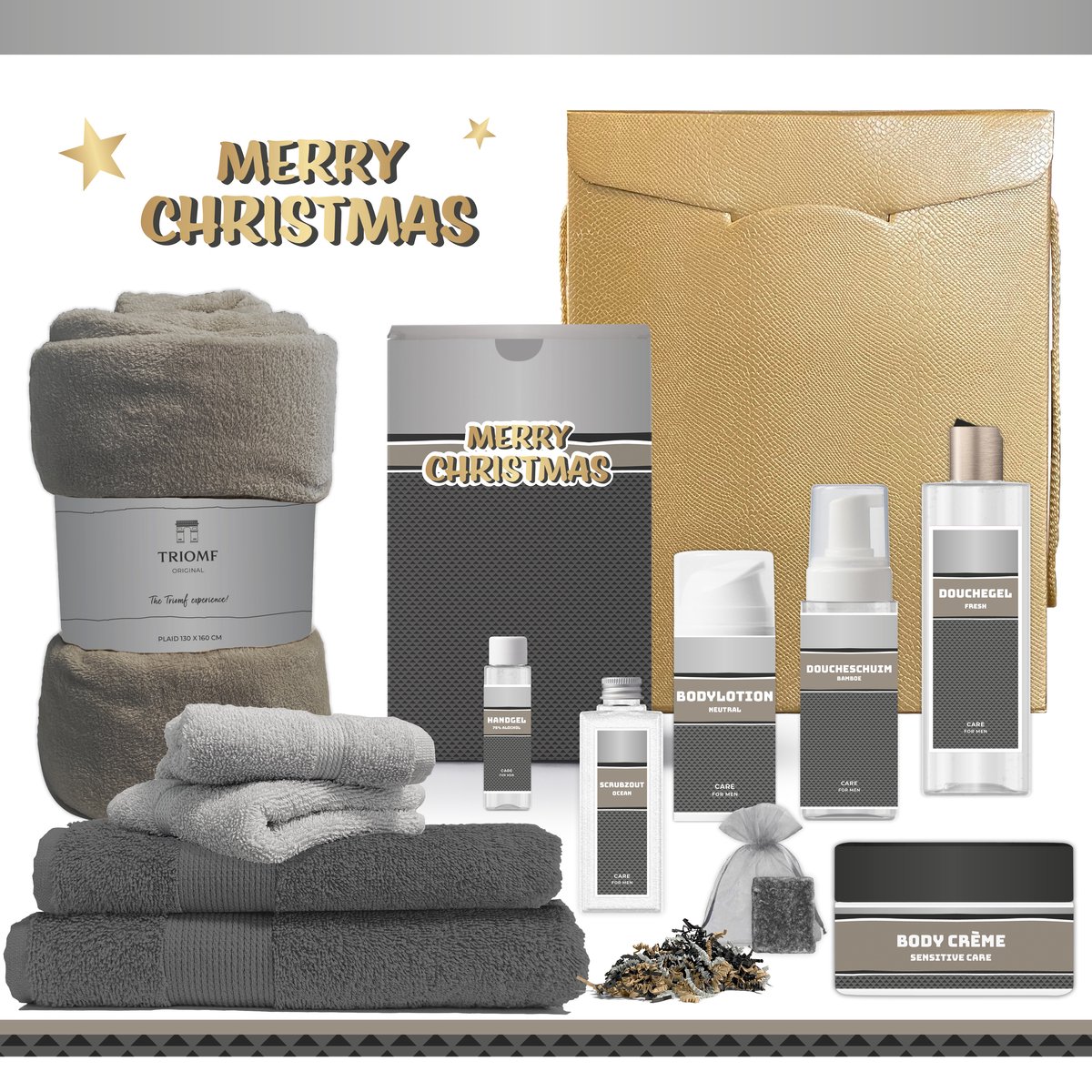 Geschenkset “Merry Christmas!” - 12 producten - 1910 gram | Luxe Kerst Cadeaubox voor hem - Wellness Pakket man - Giftset Fijne feestdagen - Cadeaupakket Prettige Kerstdagen - Kerstcadeau - Kerstpakket Cadeau - Relatiegeschenk - Gift Goud