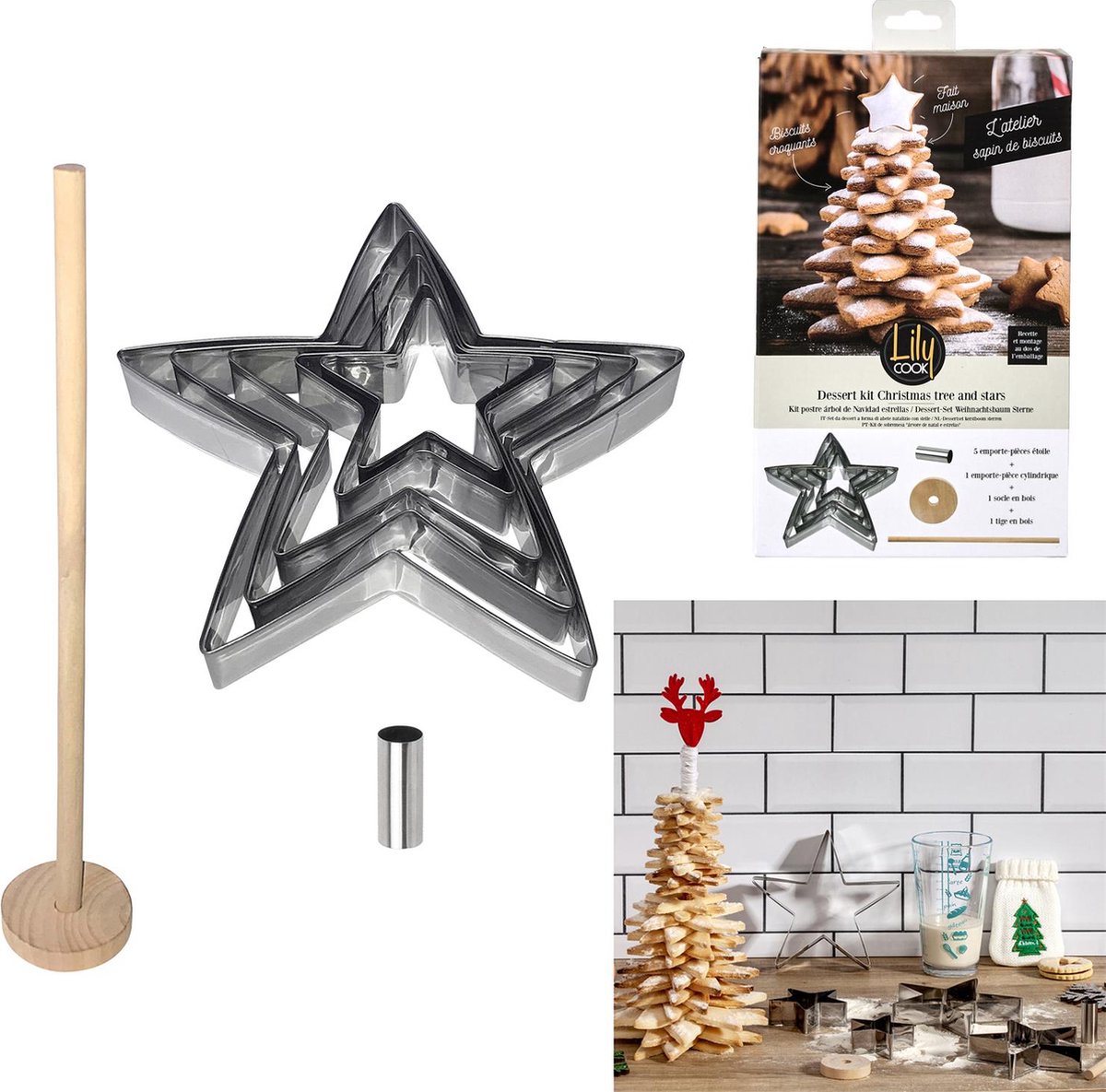 Zelf Kerstkoekjes Bakken - Koekjes Uitstekers - Inclusief Ster Uitsteekvormen en Houten Houder - Kerstster Koekje- Zilver