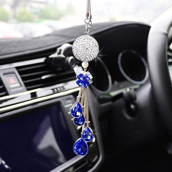 Foto: Achteruitkijkspiegel hanger bling bling rhinestones auto interieur spiegel hanger glitter crystal charm ornament opknoping decoratie vrouwen auto accessoires blauw auto spiegel hanger