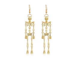 Plux Fashion Skelet Oorbellen - Goud - 9cm - Metaal - Heren - Dames - Sieraden - Goude Oorbellen - Oorhangers - HipHop oorbellen - Sieraden Cadeau - Luxe Style - Duurzame Kwaliteit - Halloween - Oktoberfeest - Kerst