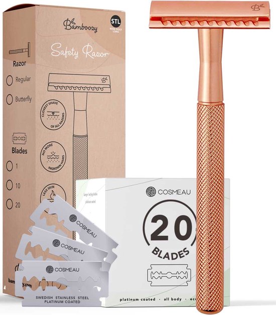 Bamboozy Safety Razor RVS + 20 Scheermesjes Rose Gold Goud voor Vrouwen Dames Zero Waste Scheermesje Veiligheidsscheermes