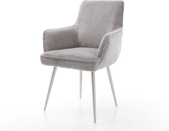 Chaise rembourrée Heira- Flex avec accoudoirs 4 pieds coniques en corde d'acier inoxydable noyau de ressorts ensachés gris argenté