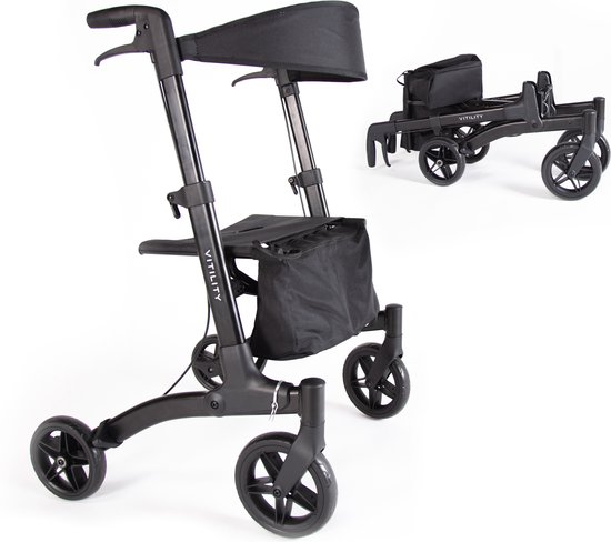 VITILITY Rollator comfort - Charcoal zwart - Rollators - Dubbel opvouwbaar - Lichtgewicht - Voor binnen en buiten gebruik - Zitting met rugband - Inclusief tas