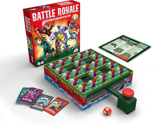 Battle Royale: Last One Standing spelbord met groene en rode spelstukken, kaarten met ninja's, robots en koala's, en een dobbelsteen.