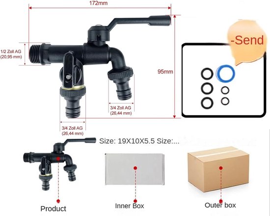 Dimensions d'un robinet extérieur noir à deux sorties : 172 mm de long, 95 mm de haut. Boîte intérieure et extérieure incluses.