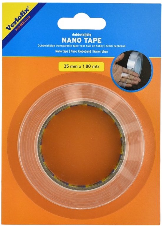 Verlofix dubbelzijdige transparante nanoband, 25 mm x 1,80 mtr, met hand die tape vasthoudt.