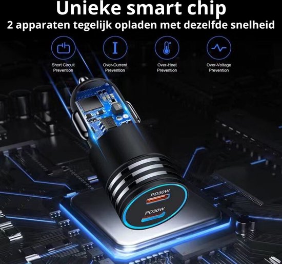 Chargeur de voiture Rolio 60W - 2x USB C - Chargeur rapide - Universel - Chargeur de voiture - Accessoires de voiture