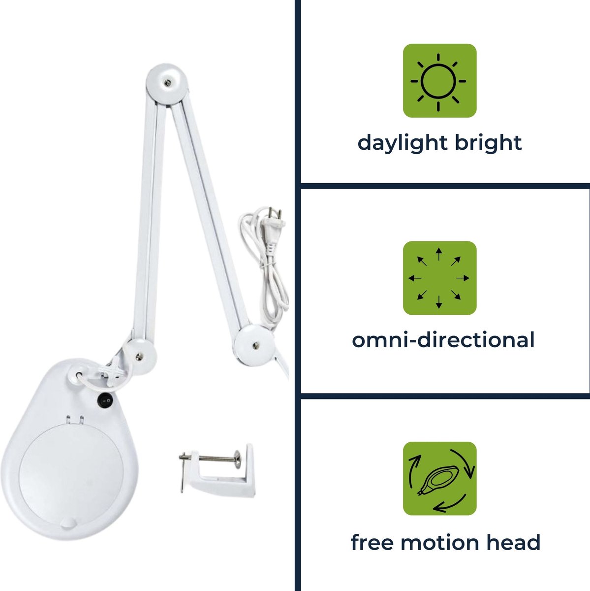 Velleman Loeplamp met klem, zwenkarm, aan/uit-schakelaar, spaarlamp (22 W), vergroting 2.25x, voor kinderen, volwassenen, senioren, lezen, diamond painting, hobby, werken, wit — afbeelding 4