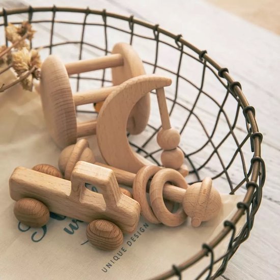 Baby houten rammelaar set - montessoris haakset, natuurlijke baby