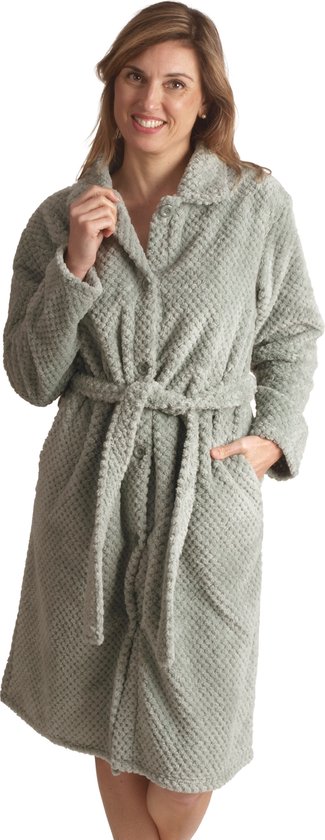 Foto: Badjas met knopen groene badjas voor dames dames badjas fleece met knoopsluiting zacht warm olijfgroen maat s