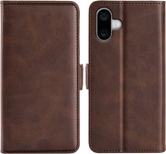 Étui portefeuille en cuir PU pour iPhone 16 Plus -- Fermeture magnétique - Housse de Luxe - Couvrant l'écran - Porte-cartes - Espèces - Espèces - Cartes marron foncé