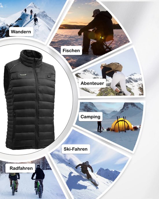 Zwarte bodywarmer met witte bies, getoond in een cirkel met outdoor activiteiten zoals wandelen, vissen, avontuur, camping, skiën en fietsen.