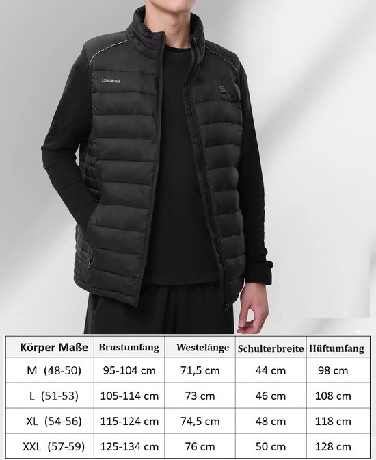 Man met zwarte verwarmde bodywarmer met witte bies en de Thermrup® logo, met een maattabel.