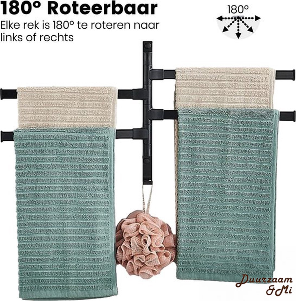 Duurzaam&Mi - Handdoekrek Badkamer Zwart - 30 CM - Handdoekhouder zwart - Handdoekenrek badkamer - Badkamer -Draaibaar- boren - opberg rek - handdoek