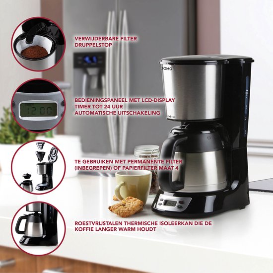 DOMO DO709K Koffiezetapparaat met thermoskan 1L Timer RVS bol