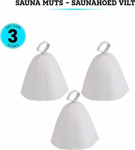 Set van 3 witte vilten saunamutsen, 'Sauna muts - Saunahoed Vilt'.