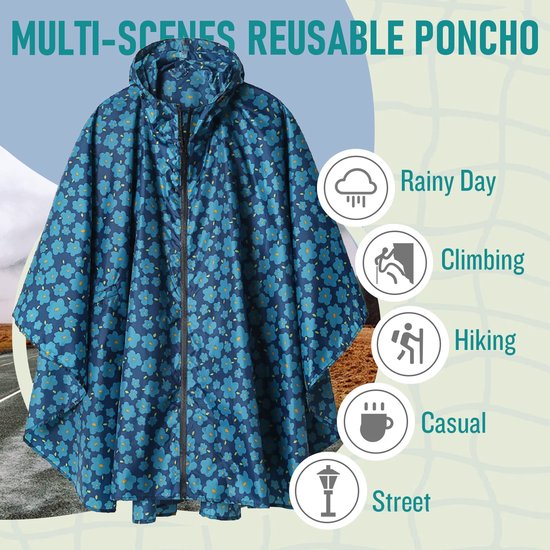 Blauwe Geweo poncho met bloemenprint. Multifunctionele herbruikbare poncho voor regenachtige dagen, klimmen, wandelen, casual en straat.