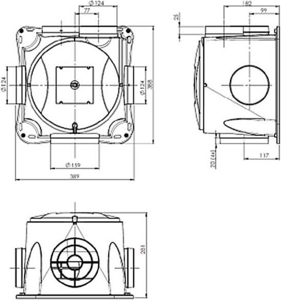 Technische tekening van een ventilatiebox met afmetingen.