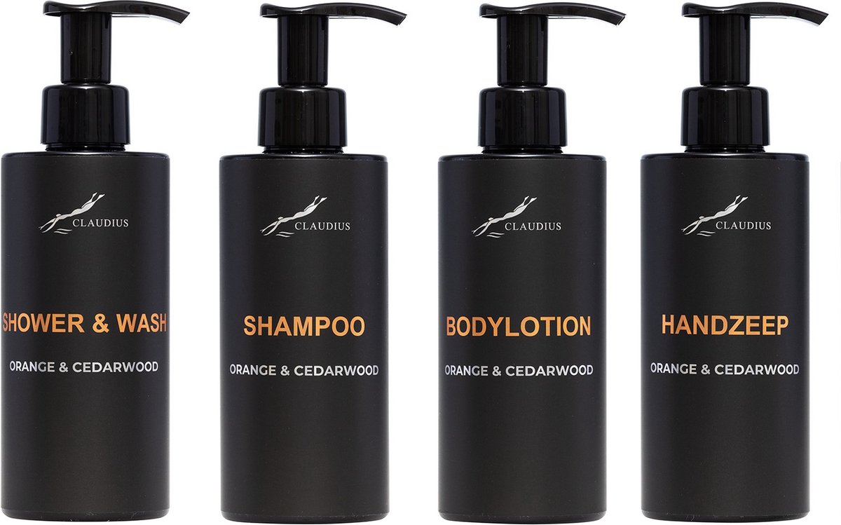 Goedkoopste Compleet pakket Sweet Orange & Cedarwood - Shower & Wash Shampoo Bodylotion Handzeep - 300 ml per fles - complete set van 4 stuks - bodycare - luxe fles - Cadeau