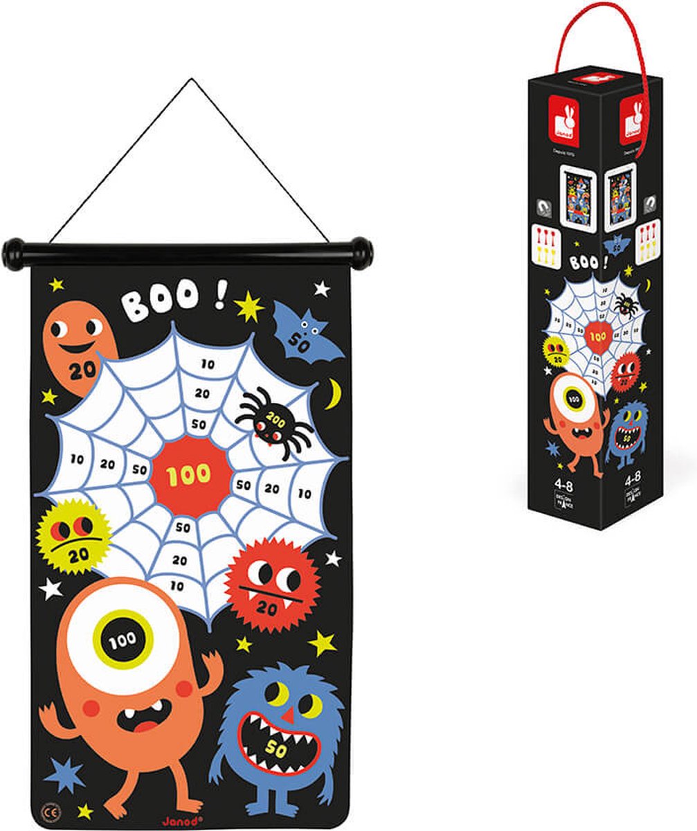Janod Spel - Dartspel Monsters - Een Dubbelzijdig Magnetisch Dartbord Voor Twee Keer Zoveel Plezier! - Daag Je Naasten Uit Voor Een Wedstrijd Met De 6 Bijgeleverde Gekleurde Darts - Geschikt Vanaf 4 Jaar