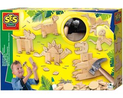 foto van SES - Timmerset - Dinosaurus - Montessori - met echte hamer, spijkers en voorgezaagde houten plankjes - knutselen jongens - Dinosaurus Speelgoed