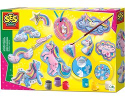 foto van SES - Gieten en schilderen - Eenhoorns - Unicorn Speelgoed - sneldrogend - met vormpjes, gips, verf, penseel, glitterlijm, gladstrijkkam en satijnband - knutselen meisjes
