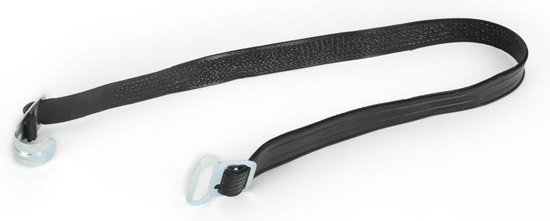 Zwarte rubberen snelbinder met metalen oog en haak.