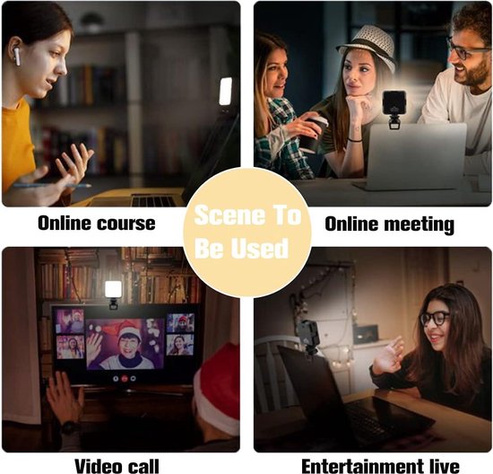 Vier afbeeldingen die het lampje tonen in verschillende gebruiksscenario's: online cursus, online vergadering, videogesprek en live entertainment.