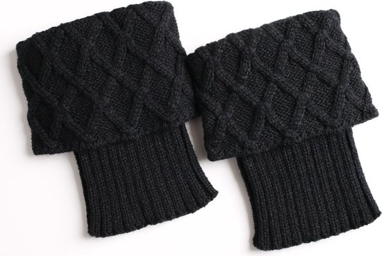 2 paires de chaussettes bottes tricotées mode femme - jambières d'hiver au crochet - jambières en laine tricotée - chaussettes chaudes courtes en maille losange - beige + noir - 15 cm