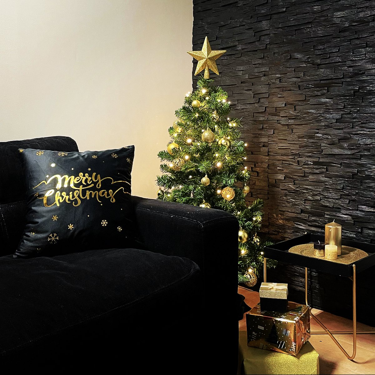 Kerst 'Merry Christmas' Kussenhoes | Katoen/Polyester | 45 x 45 cm | Zwart / Goud – foto 3