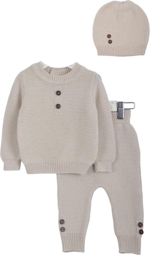 Ensemble de vêtements d'hiver Bébé Minora - Pantalon, pull et bonnet - Vêtements de bébé Garçons et Filles- Vêtements d'extérieur et Pantalons- Cadeau de maternité - Baby Shower - Nouveau-né trois pièces rayé - 9/12 mois - Beige - Cadeaux Sinterklaas