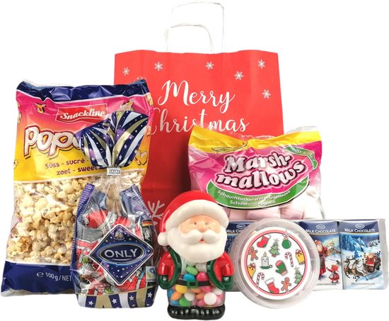 Kerst pakketje | "Merry Christmas" | Kerstgeschenk | Kerstpakket | Kerst cadeau tasje | chocolade | popcorn | zoetwaren |