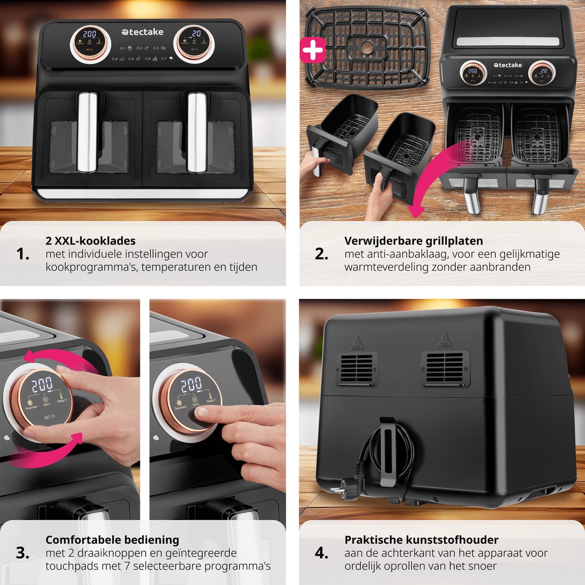 Afbeelding 2 van tectake® - Dubbele Airfryer Samurai - Airfryer XXL - 8L inhoud - 2400W - 7 bakprogramma's - 2 Lades - Dubbele mand - Dual zone technologie - Heteluchtfriteuse