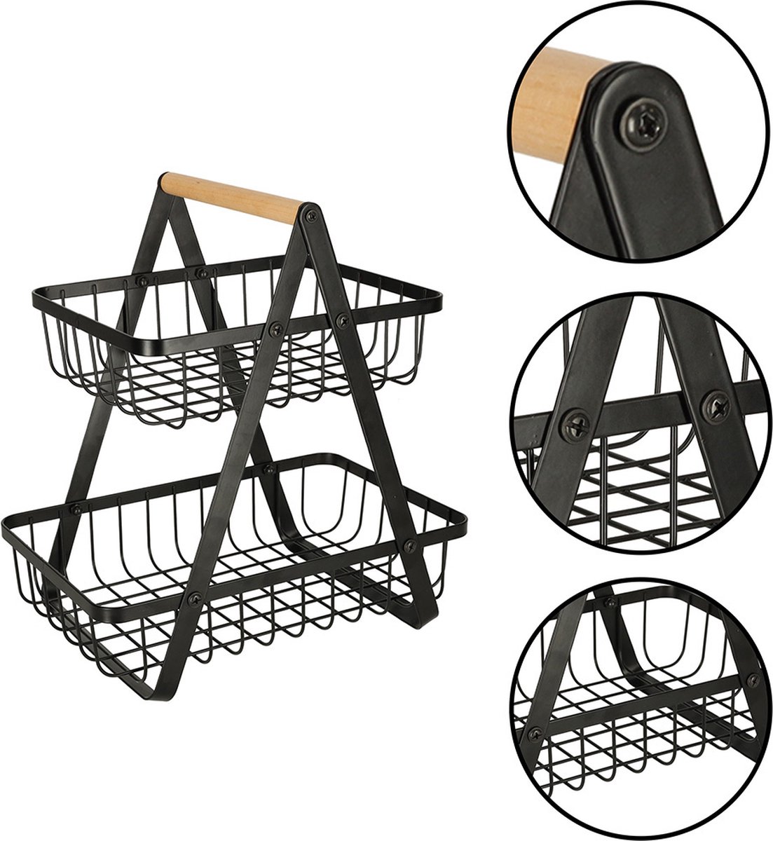 Goodz4All Etagère met Twee etages - Fruitmand - Opbergbox - Opbergmand - Metalen Draadmand - Zwart - Inclusief Schroevendraaier