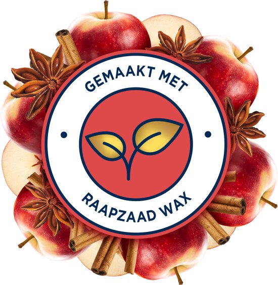 Rode cirkel met 'Gemaakt met Raapzaad Wax' en een groen plantje. Appels, kaneel en steranijs decoratie.