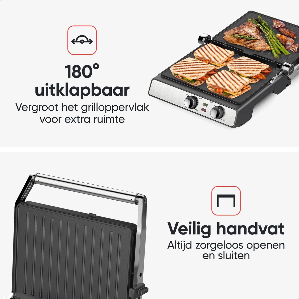 Kitchenwell Contactgrill - Tosti apparaat - Grill apparaat - Uitneembare platen - Anti-aanbaklaag - 3-in-1 -180 °C grill - Vaatwasserbestendig — cadeau in Kookcadeaus - foto 4