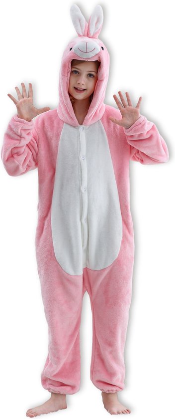 BoefieBoef Dieren Onesie Verkleedkleding Kinderen 5-9 jaar – Comfortabele Kostuum Pyjama – Maat 120 tot 140 – Dierenpak voor Jongens en Meisjes – Feest, Carnaval Verkleedkleding - Kerst, Dierenpak - of Verjaardag Cadeau - Konijn Roze