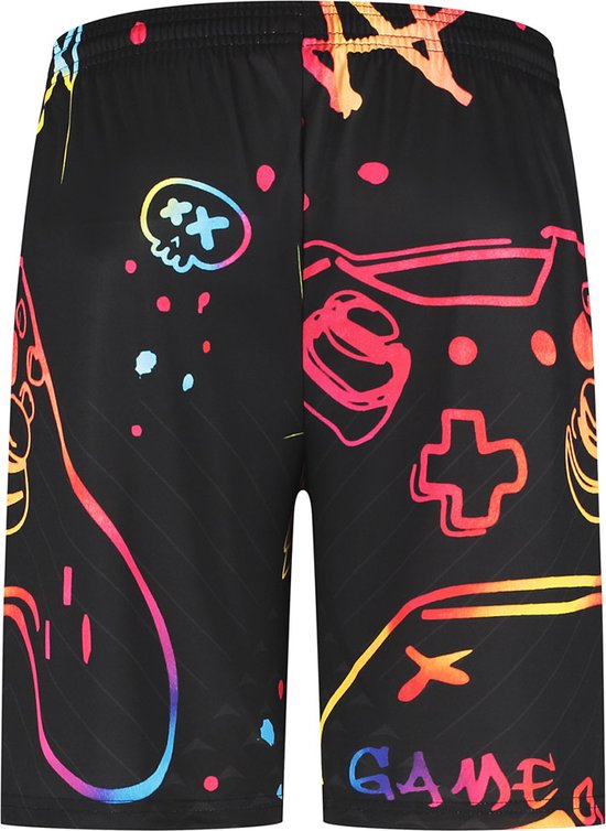 Zwarte voetbalbroek met veelkleurige graffiti-stijl opdruk van gamecontrollers, smiley en 'Game Over'.