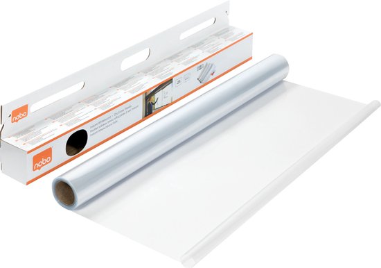 Een rol Nobo droog-uitwisbare vellen met verpakking, met de tekst 'Instant Whiteboard - Dry Erase Sheets'.